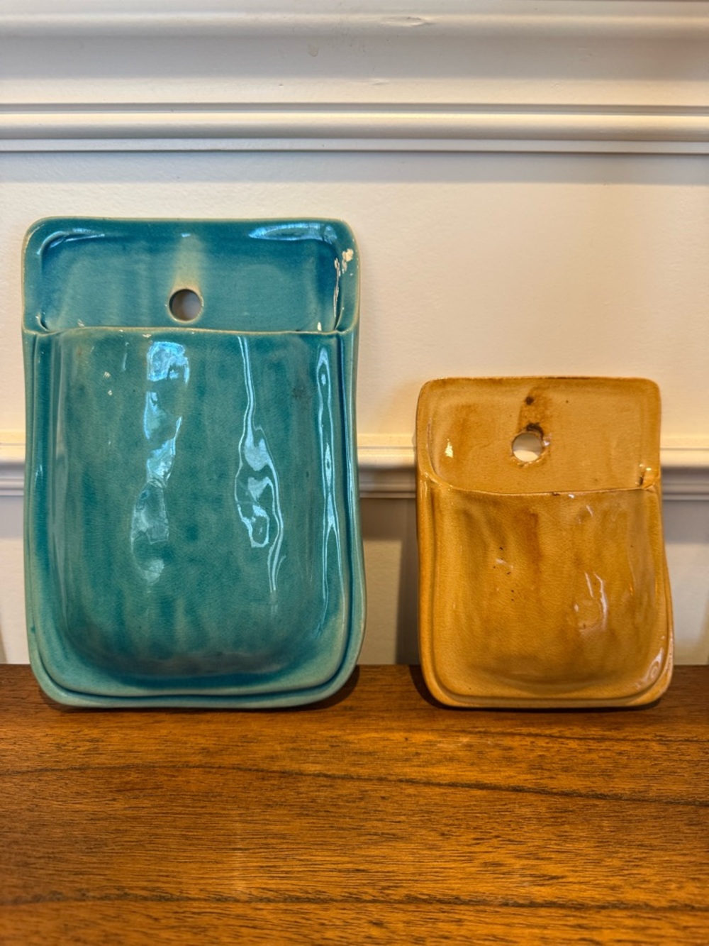 Handmade Ceramic Wall Pocket Set - Teal and Mustard